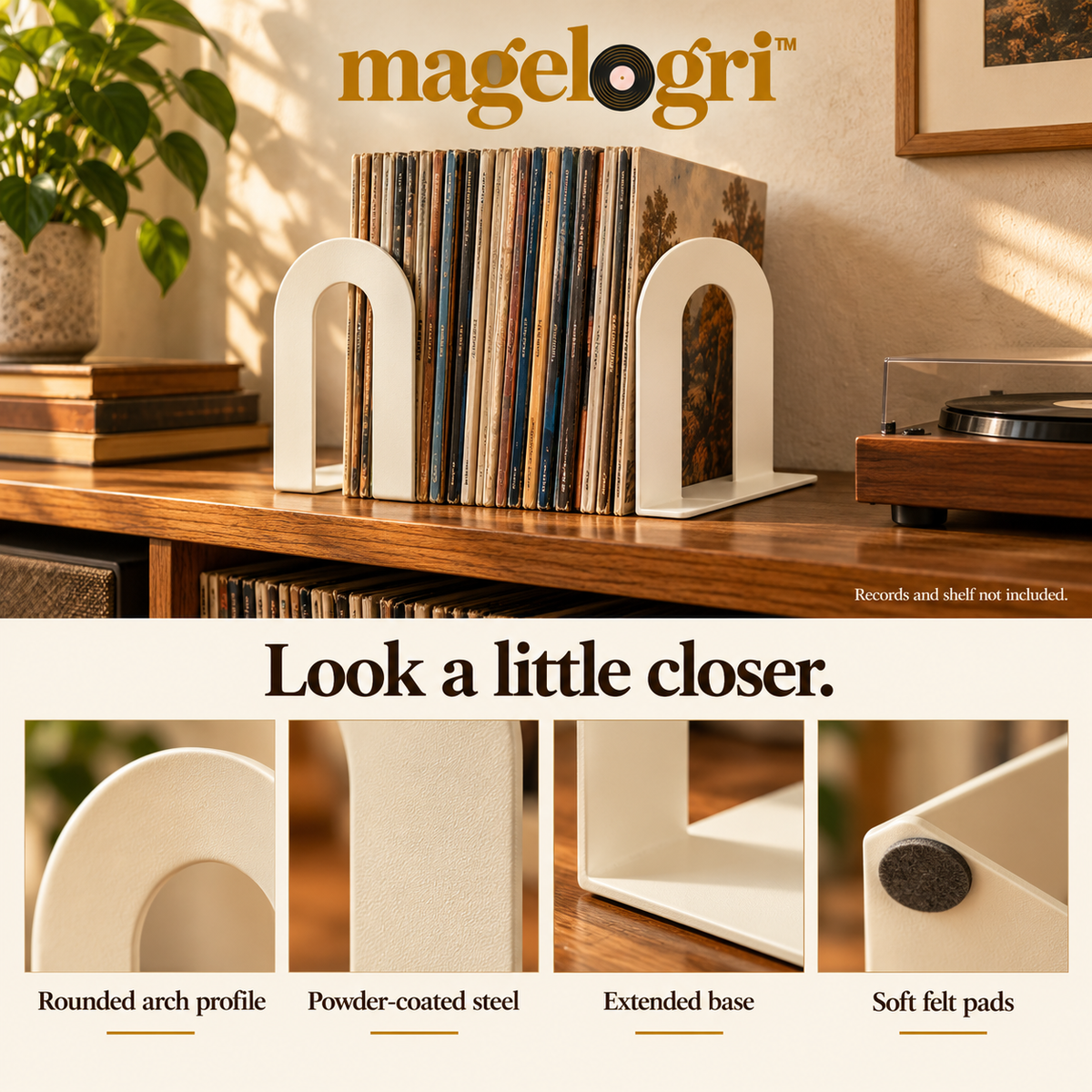 magelogri™ ArchKeep Metal Record Bookends, Decorative LP Shelf Supports, Set of 2