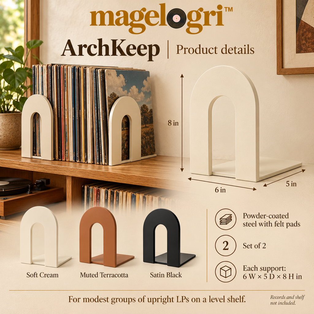 magelogri™ ArchKeep Metal Record Bookends, Decorative LP Shelf Supports, Set of 2